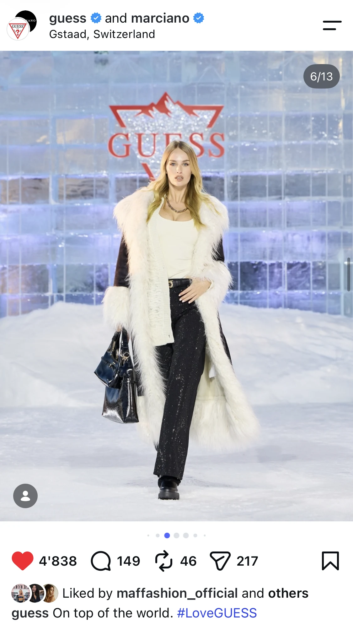 Model walking the ice-carved GUESS runway at Saanerslochgrat
