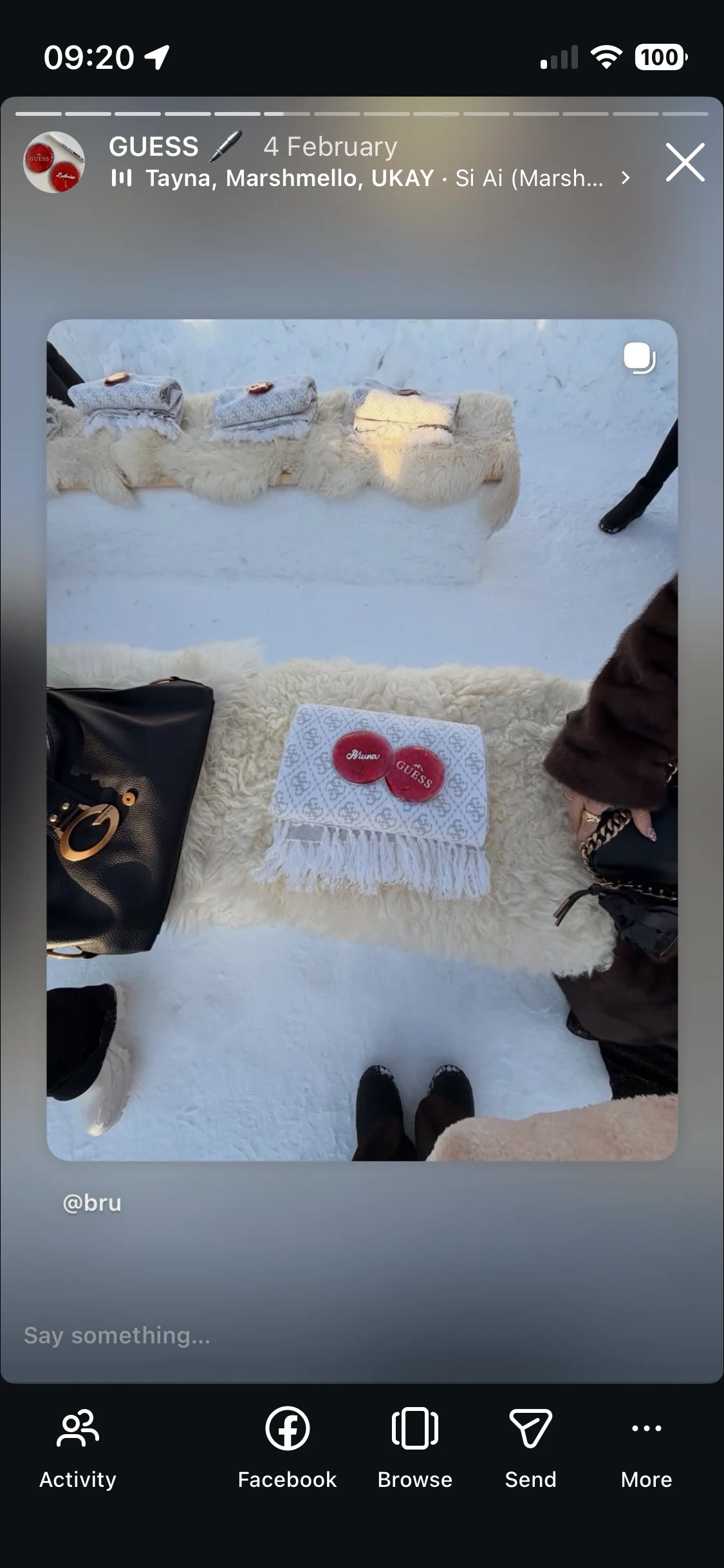 Instagram story showing personalised GUESS handwarmers at the snowy event
