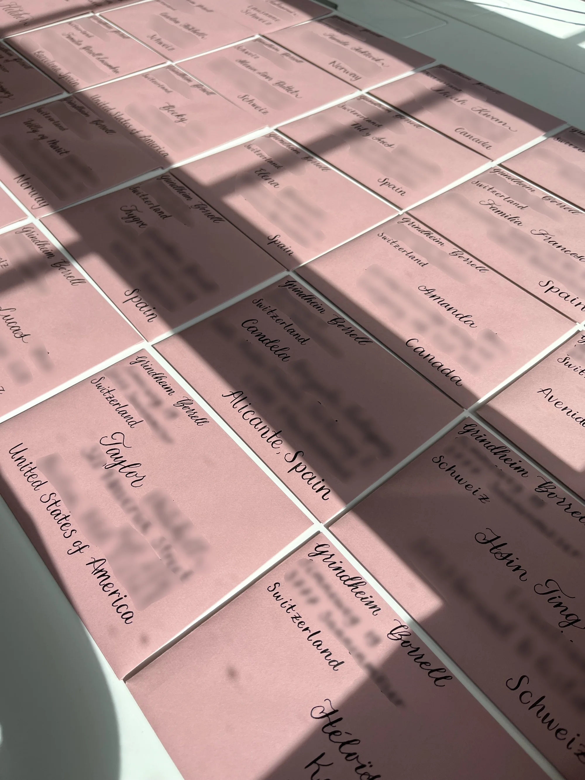 Sunlit rows of hand-addressed blush guest envelopes