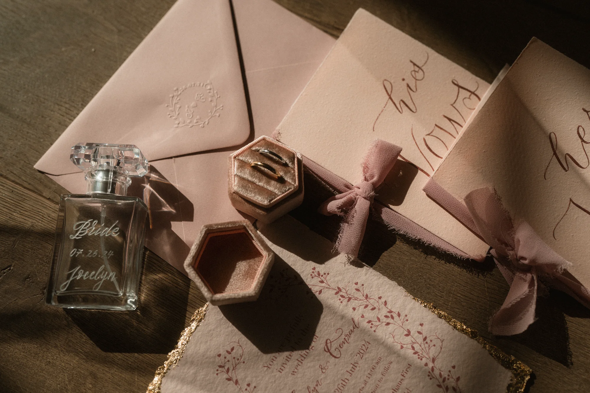 Blush wedding invitation and hand-lettered envelopes