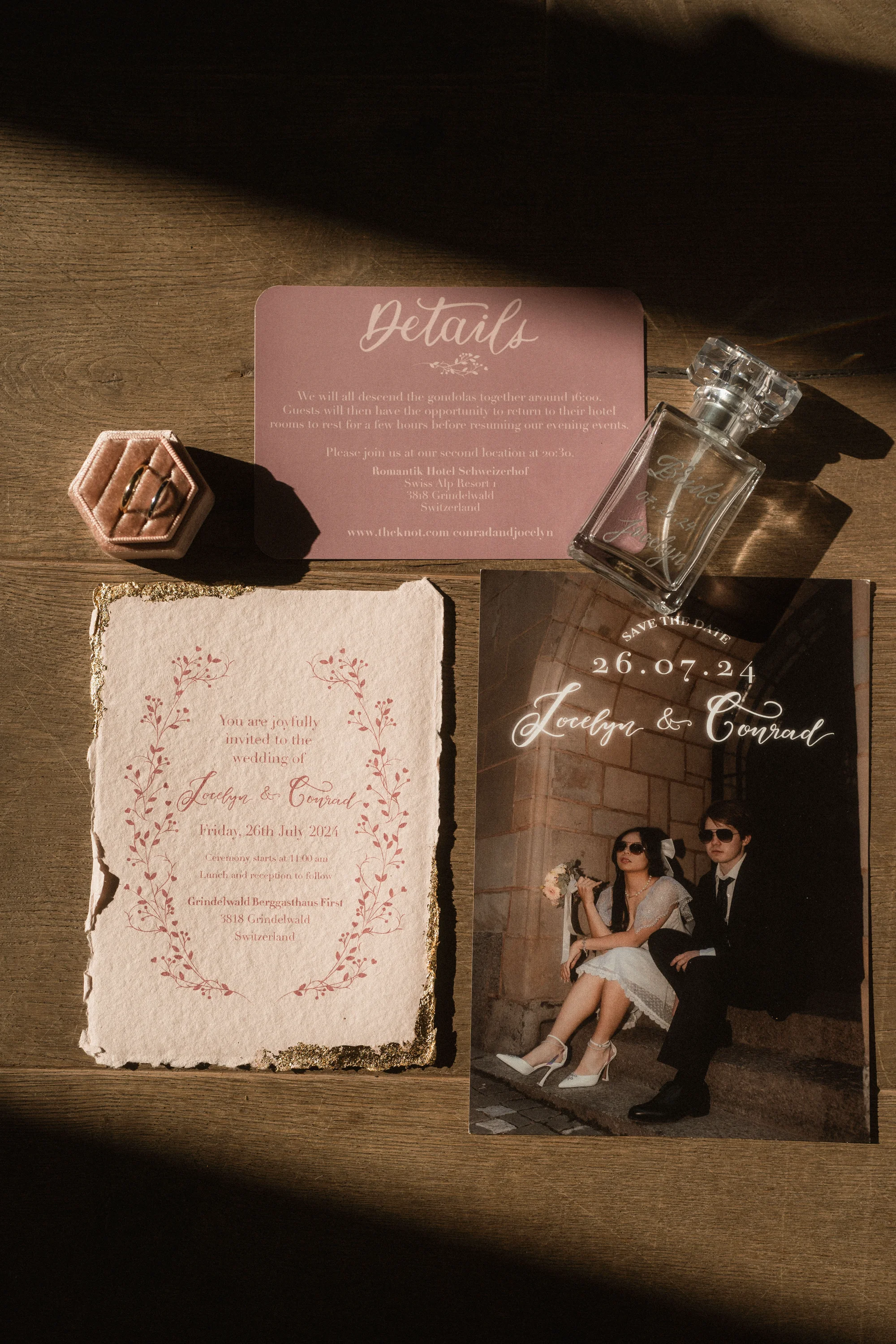 Blush wedding stationery with hand-lettered envelopes and wax seals