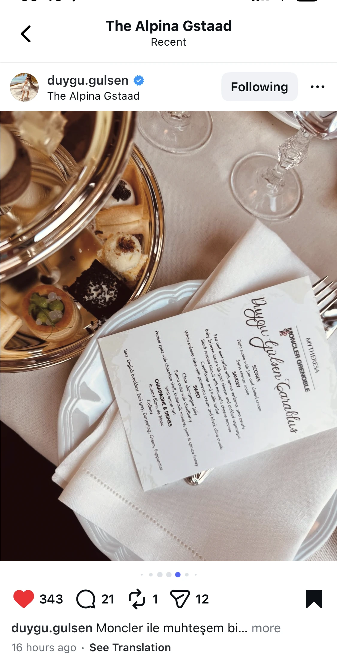 Instagram post showing Duygu Gülşen's hand-lettered afternoon tea menu beside a tiered tea service