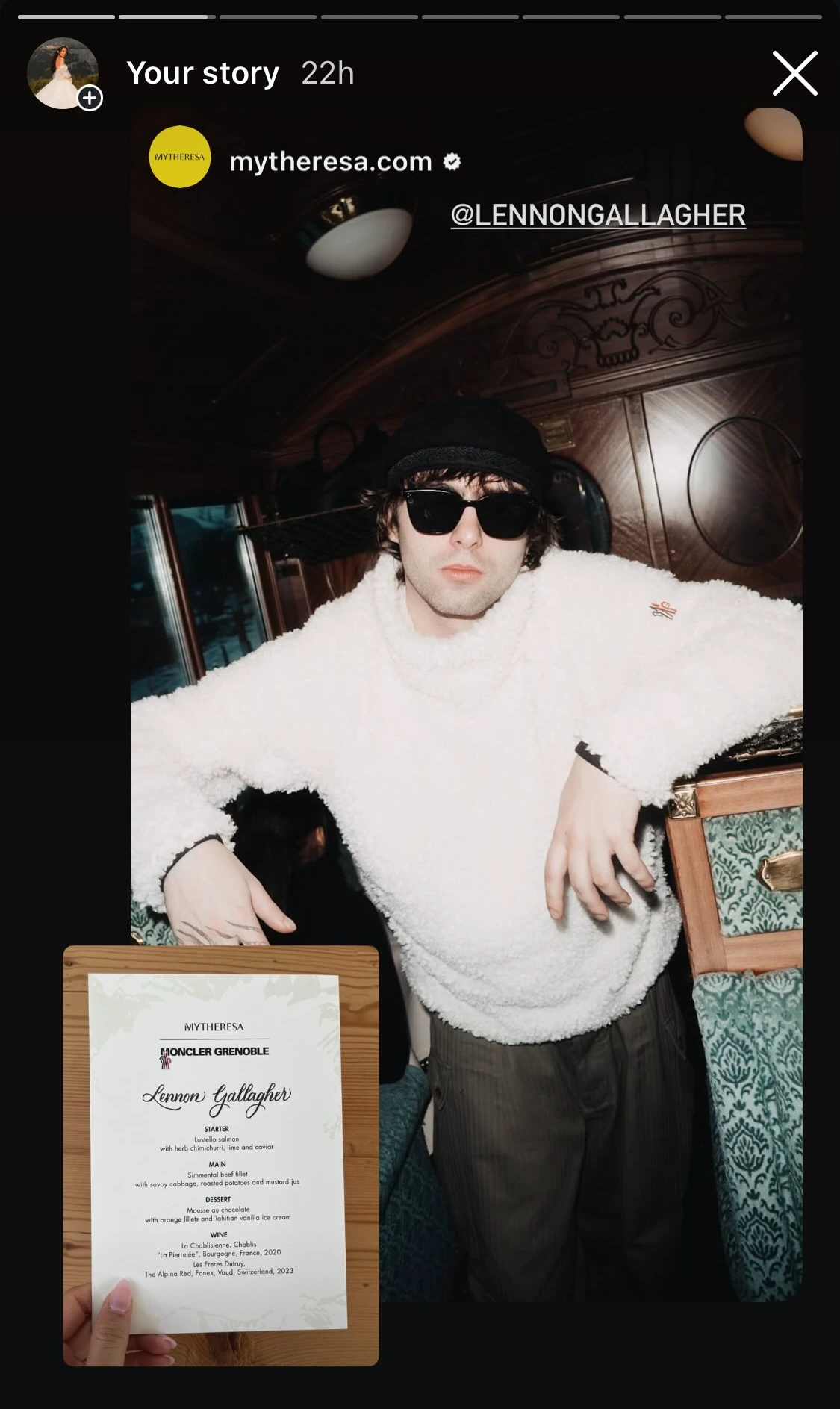 Instagram story featuring Lennon Gallagher beside his hand-lettered Moncler Grenoble menu