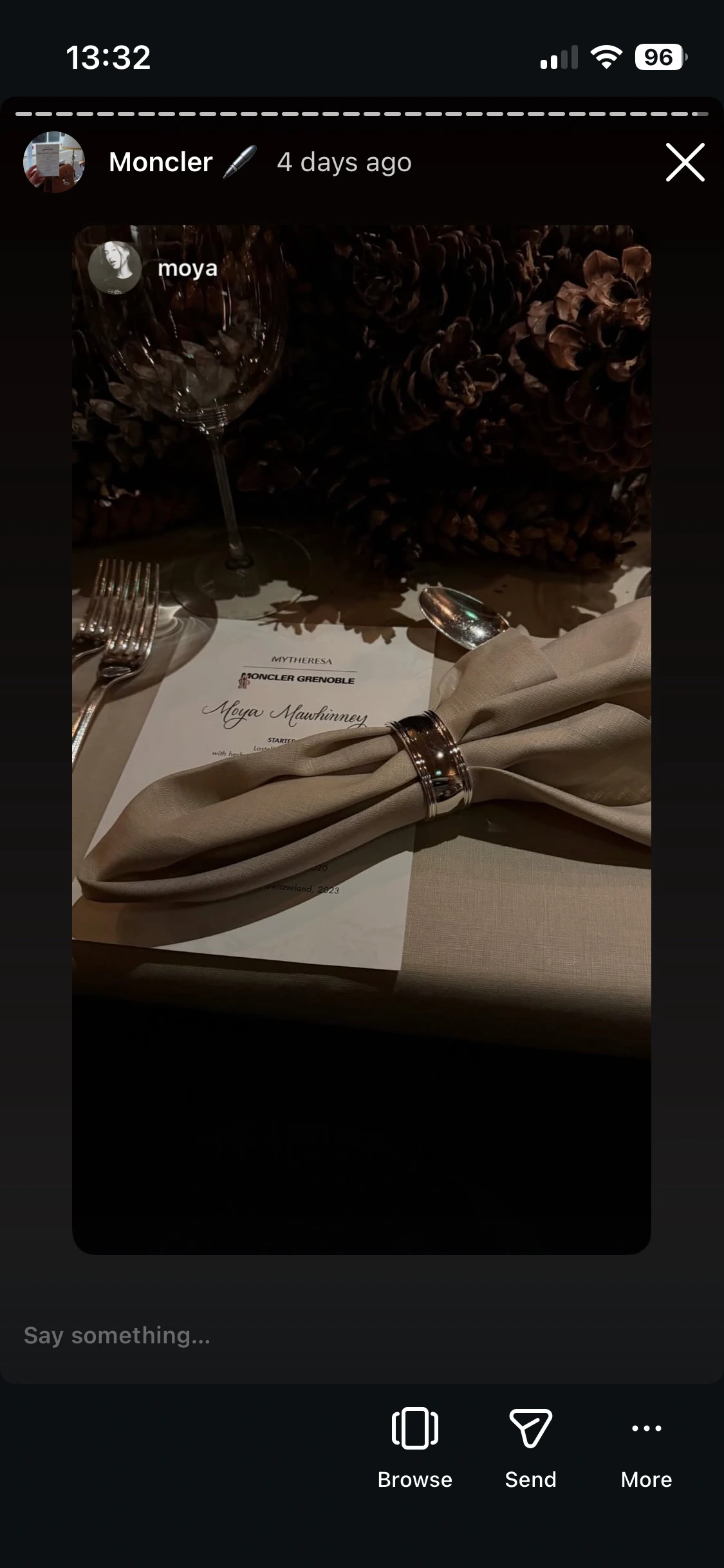 Instagram story close-up of Moya Mawhinney's hand-lettered dinner menu at the table