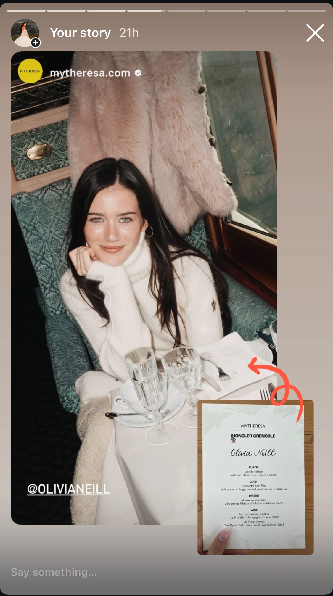 Instagram story featuring Olivia Neill and her hand-lettered Moncler Grenoble menu