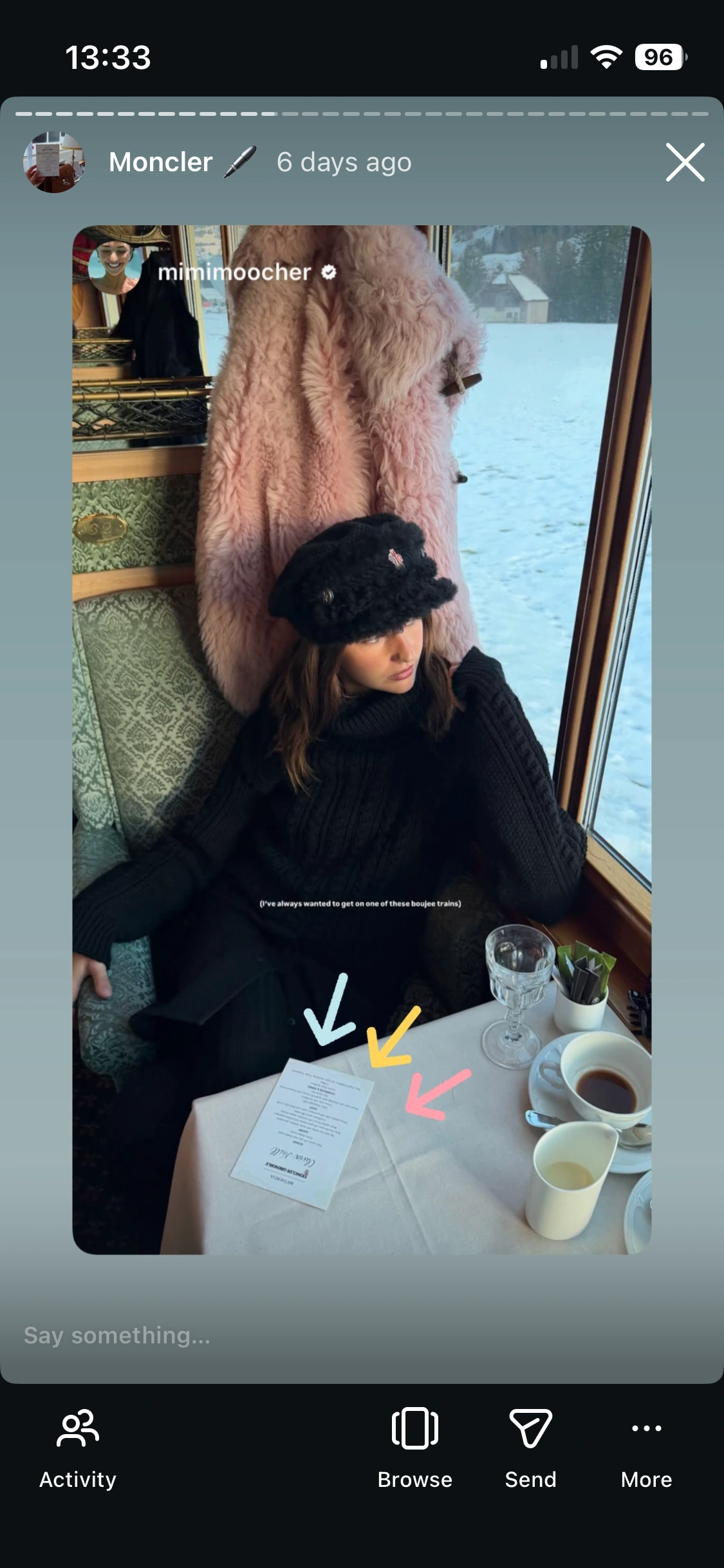 Instagram story featuring Olivia Neill aboard the train with her hand-lettered menu on the table