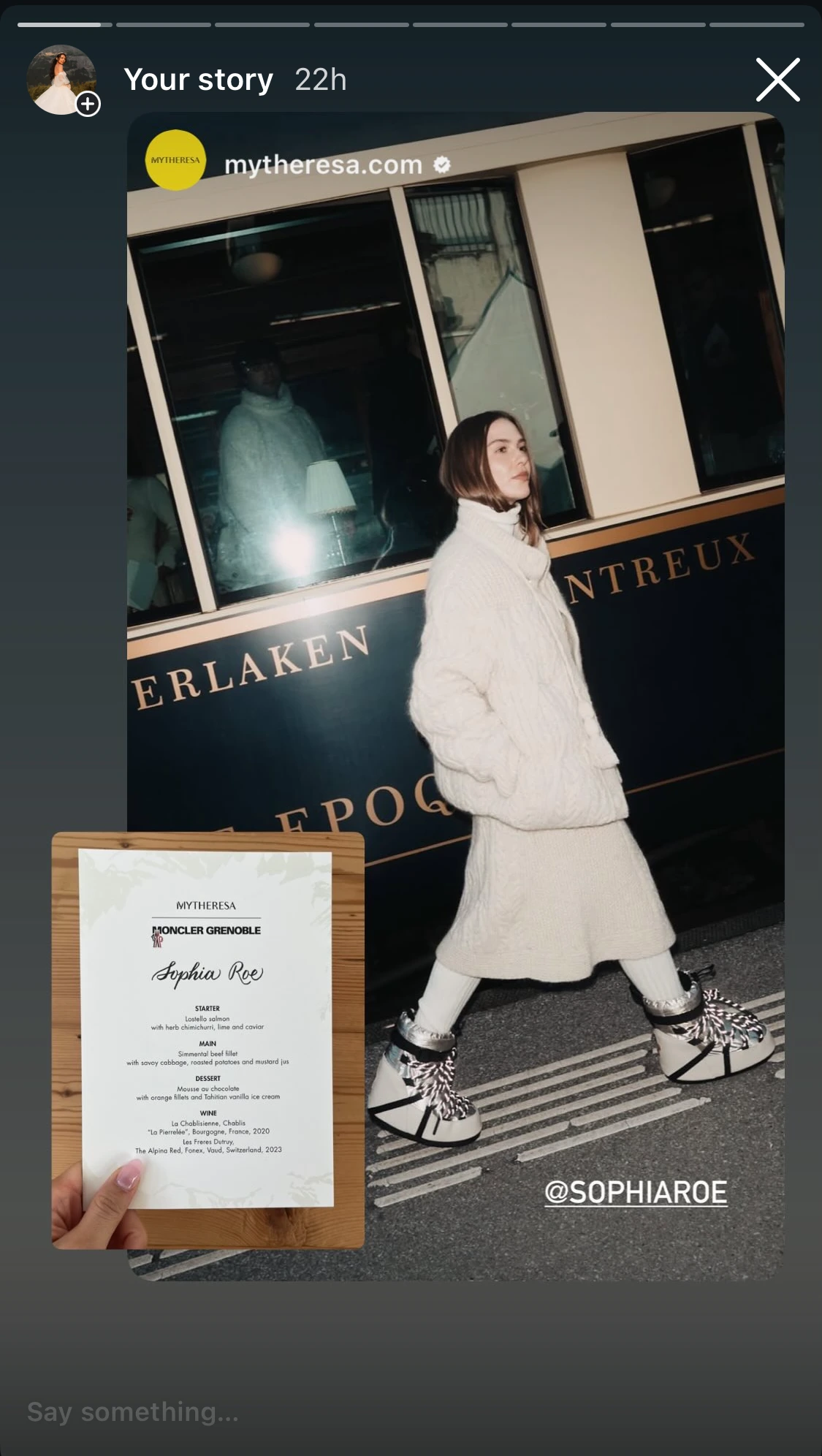 Instagram story featuring Sophia Roe and her hand-lettered Moncler Grenoble menu