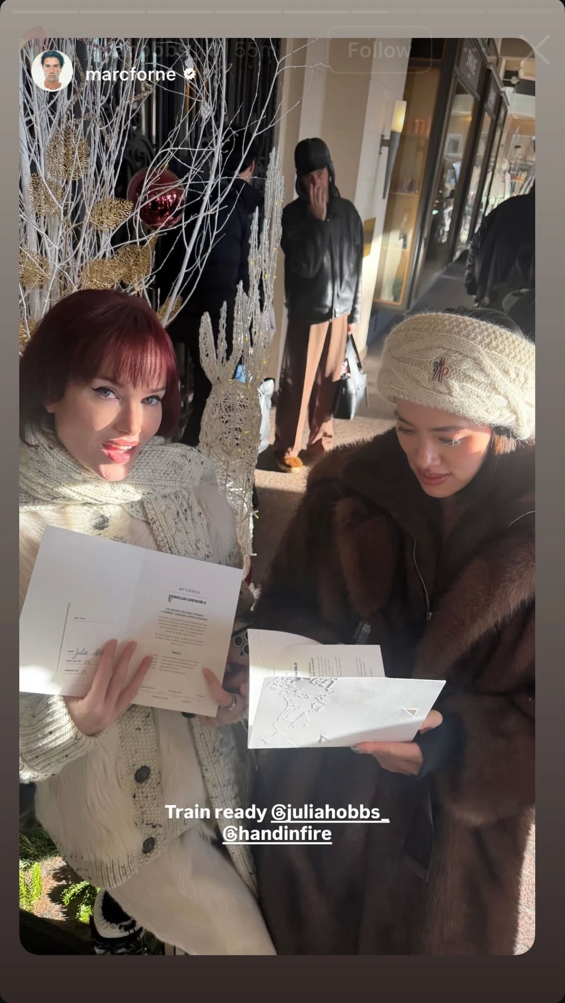 Instagram story showing guests with hand-lettered Moncler Grenoble train tickets
