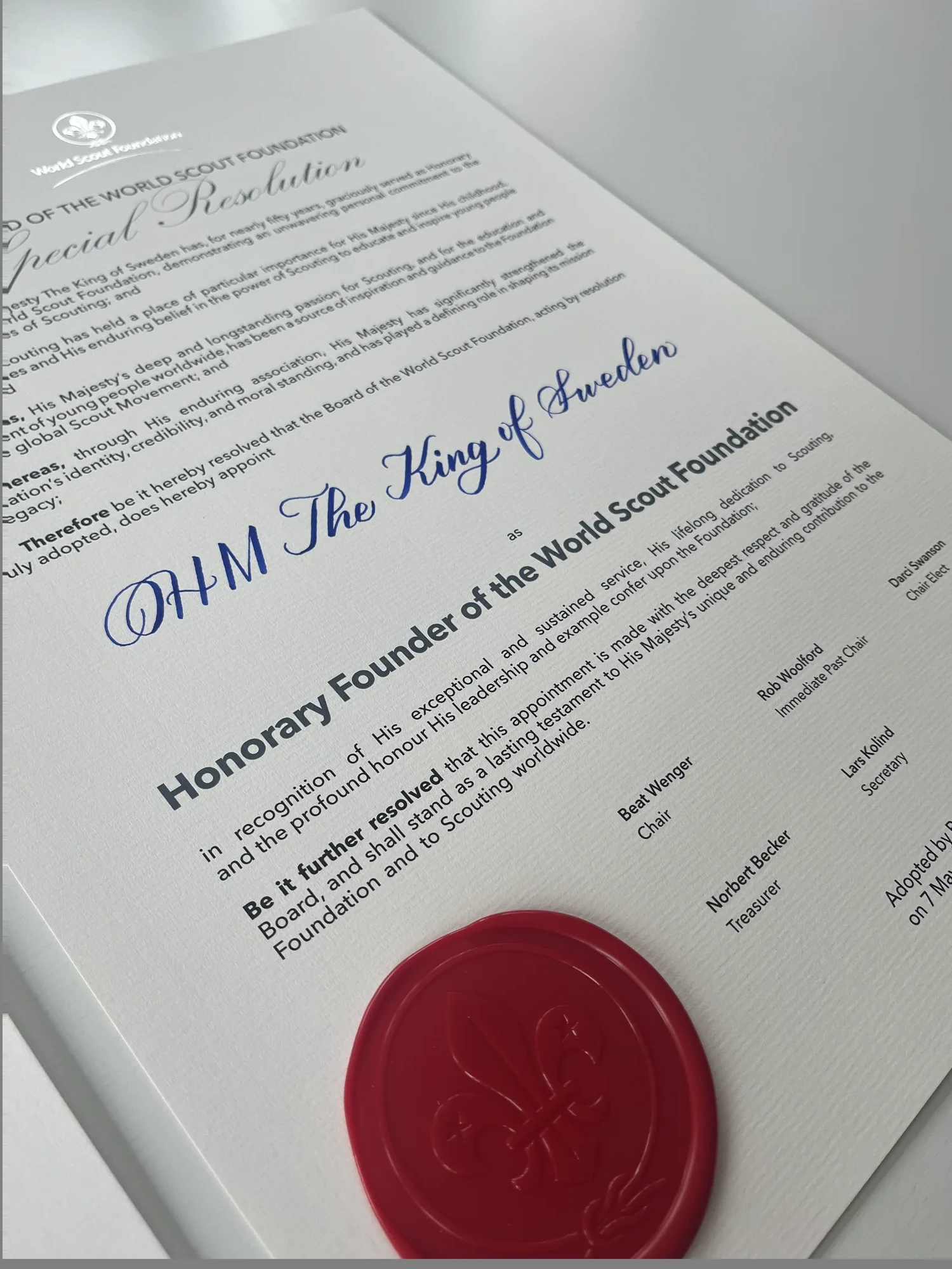 World Scout Foundation certificates with calligraphy and a red wax seal