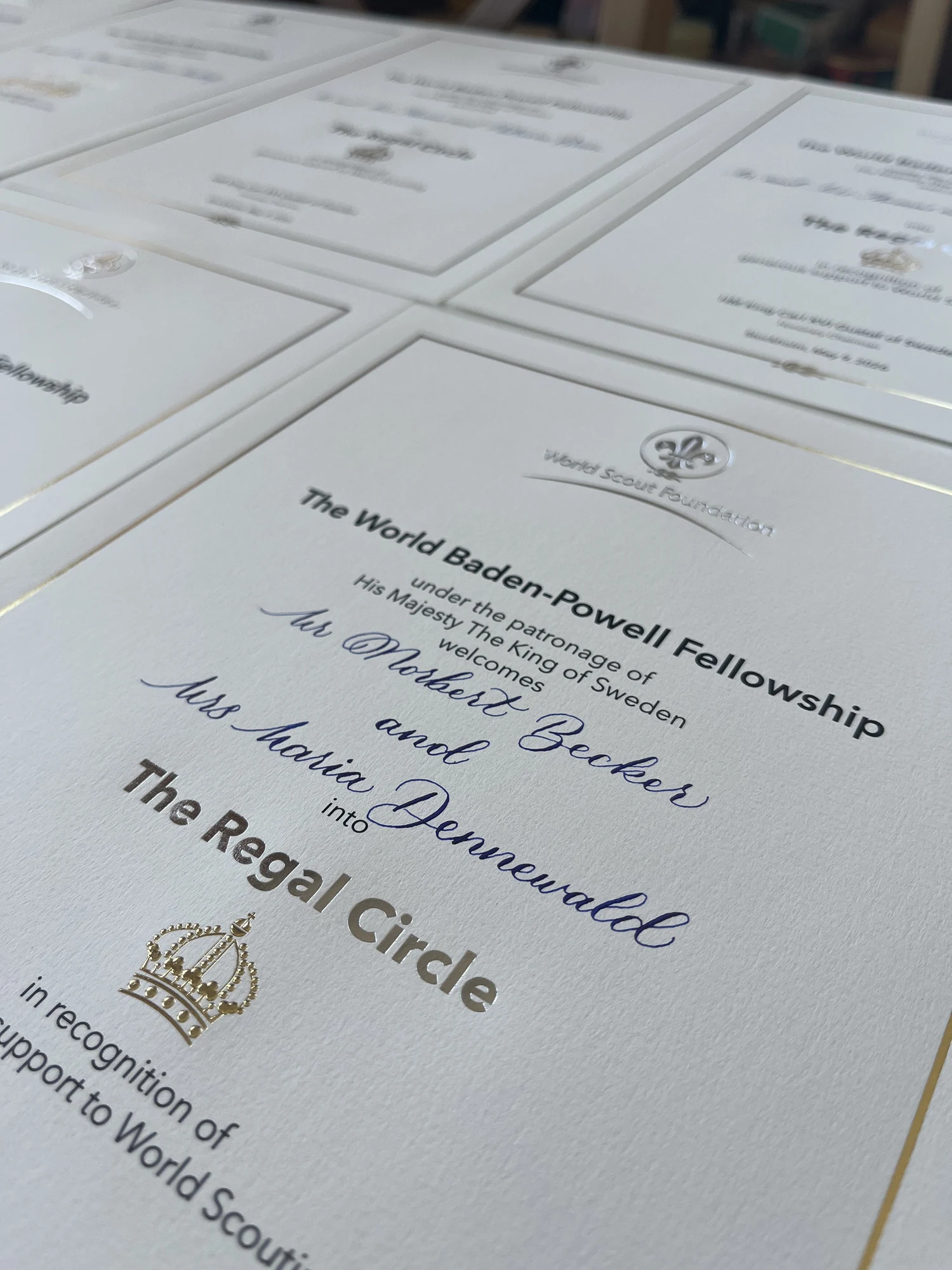 World Scout Foundation Regal Circle recognition certificates with hand-calligraphed names