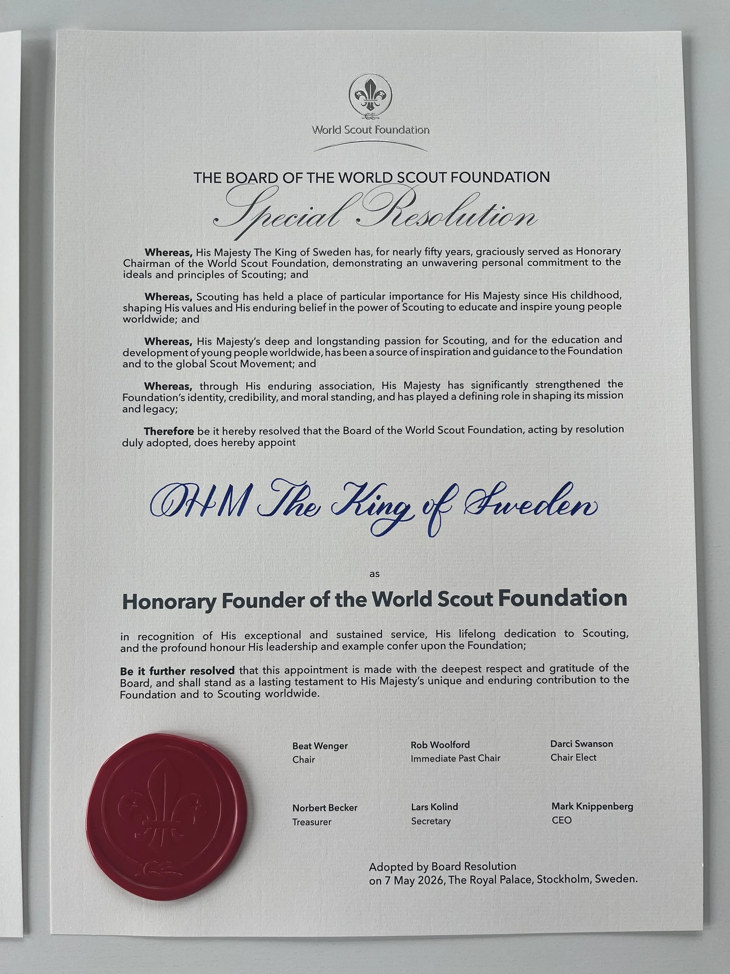 Board resolution appointing His Majesty The King of Sweden as Honorary Founder